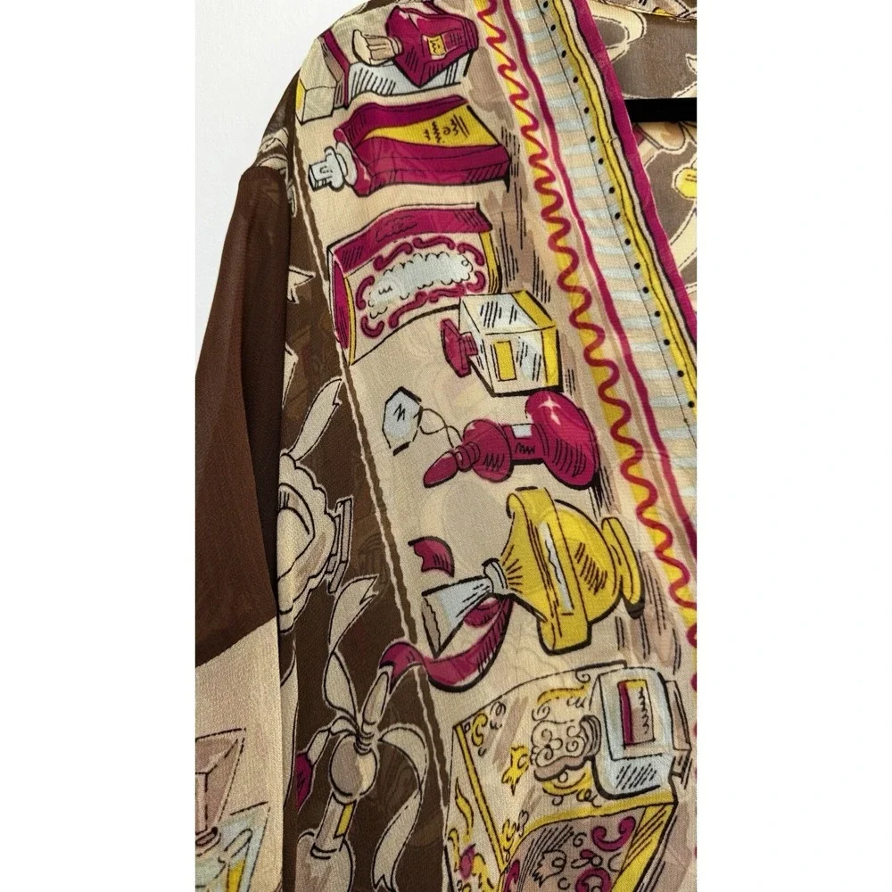 Vtg Sheer Kimono‎ Cardigan Perfume Print Boho Chic Open Front Duster Topper Glam